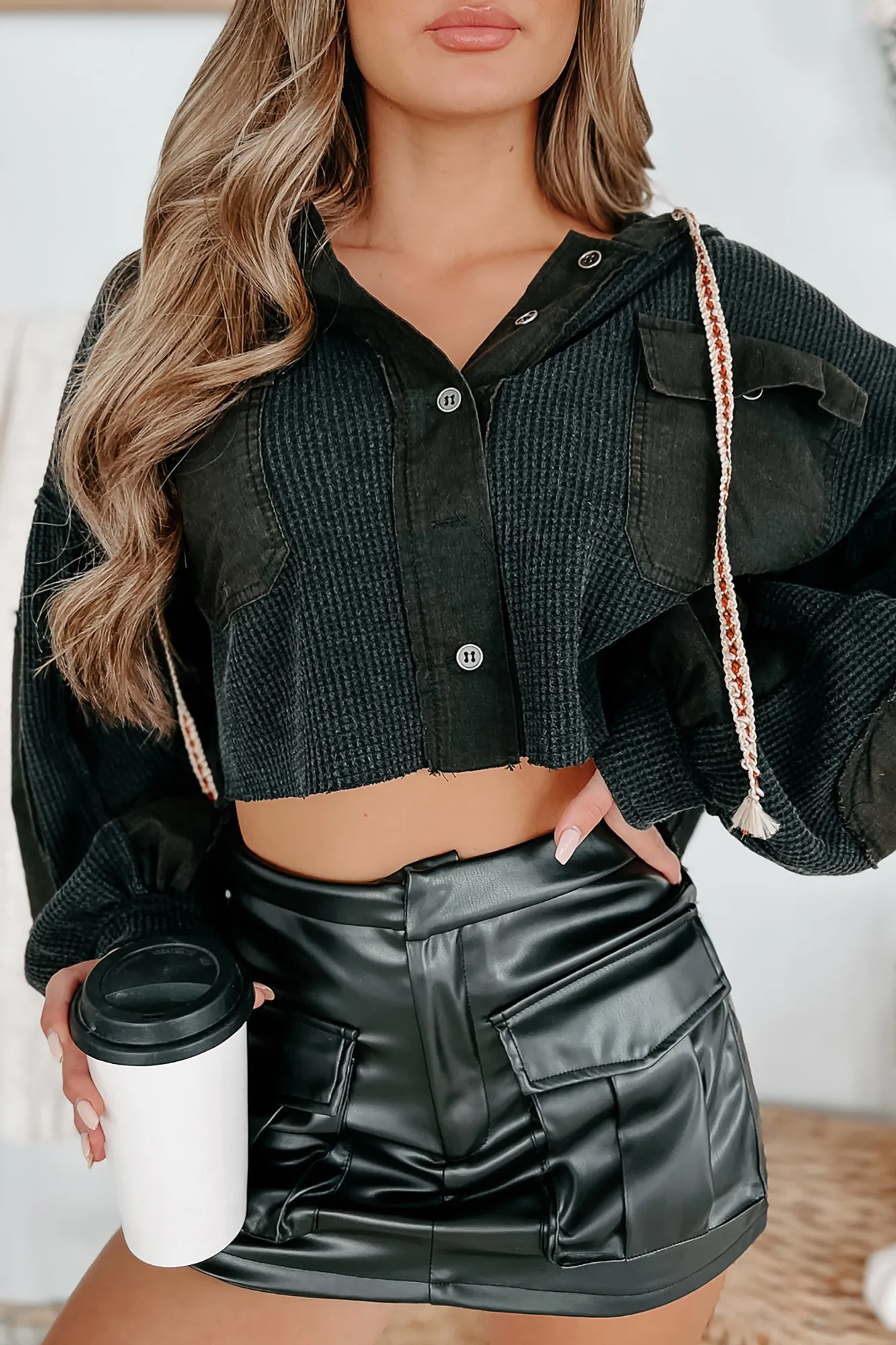 Notice The Difference Thermal Crop Shacket (Black)