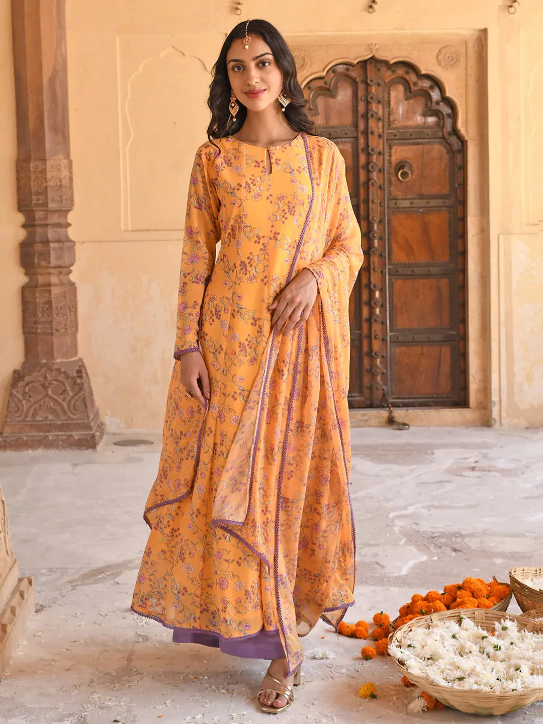 Orange Georgette Floral Print Anarkali Kurta with Mul Cotton Palazzo Pants and Georgette Dupatta
