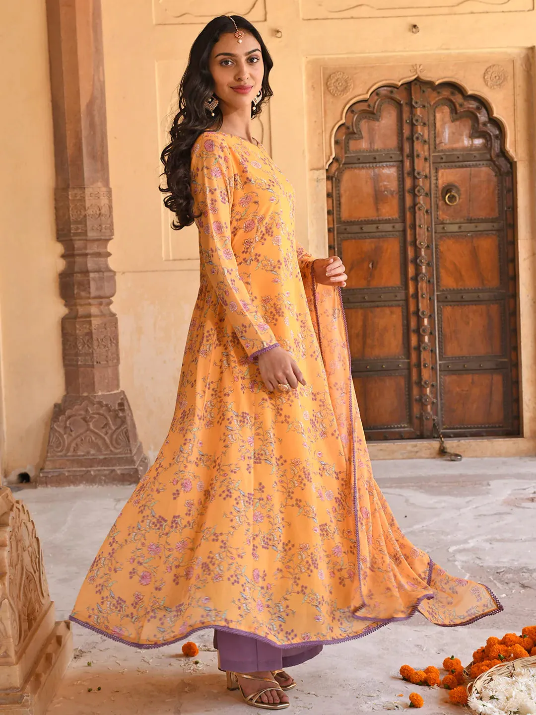 Orange Georgette Floral Print Anarkali Kurta with Mul Cotton Palazzo Pants and Georgette Dupatta