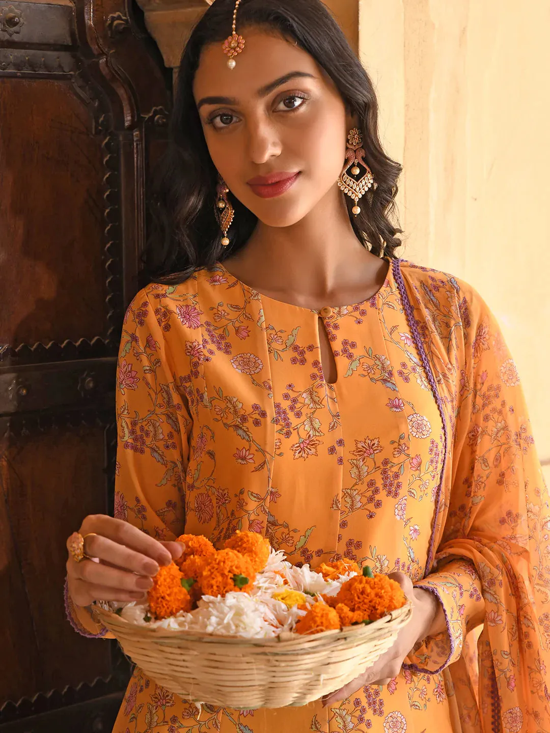 Orange Georgette Floral Print Anarkali Kurta with Mul Cotton Palazzo Pants and Georgette Dupatta