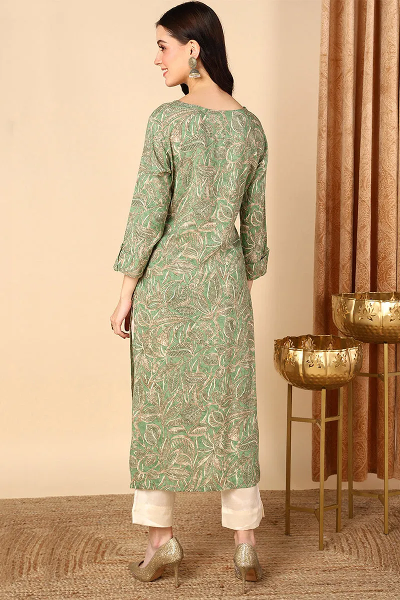 Plus Size Green Viscose Rayon Ethnic Printed Straight Kurta
