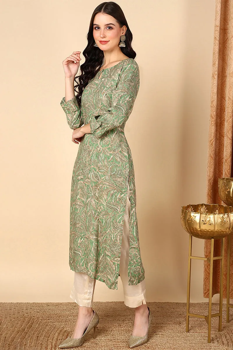 Plus Size Green Viscose Rayon Ethnic Printed Straight Kurta