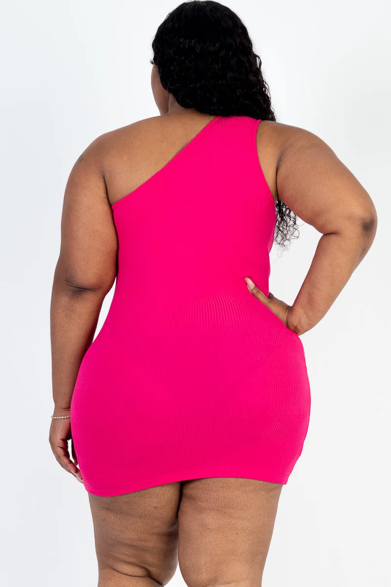 Plus Size Ribbed One Shoulder Cutout Front Casual Mini Bodycon Dress (CAPELLA)