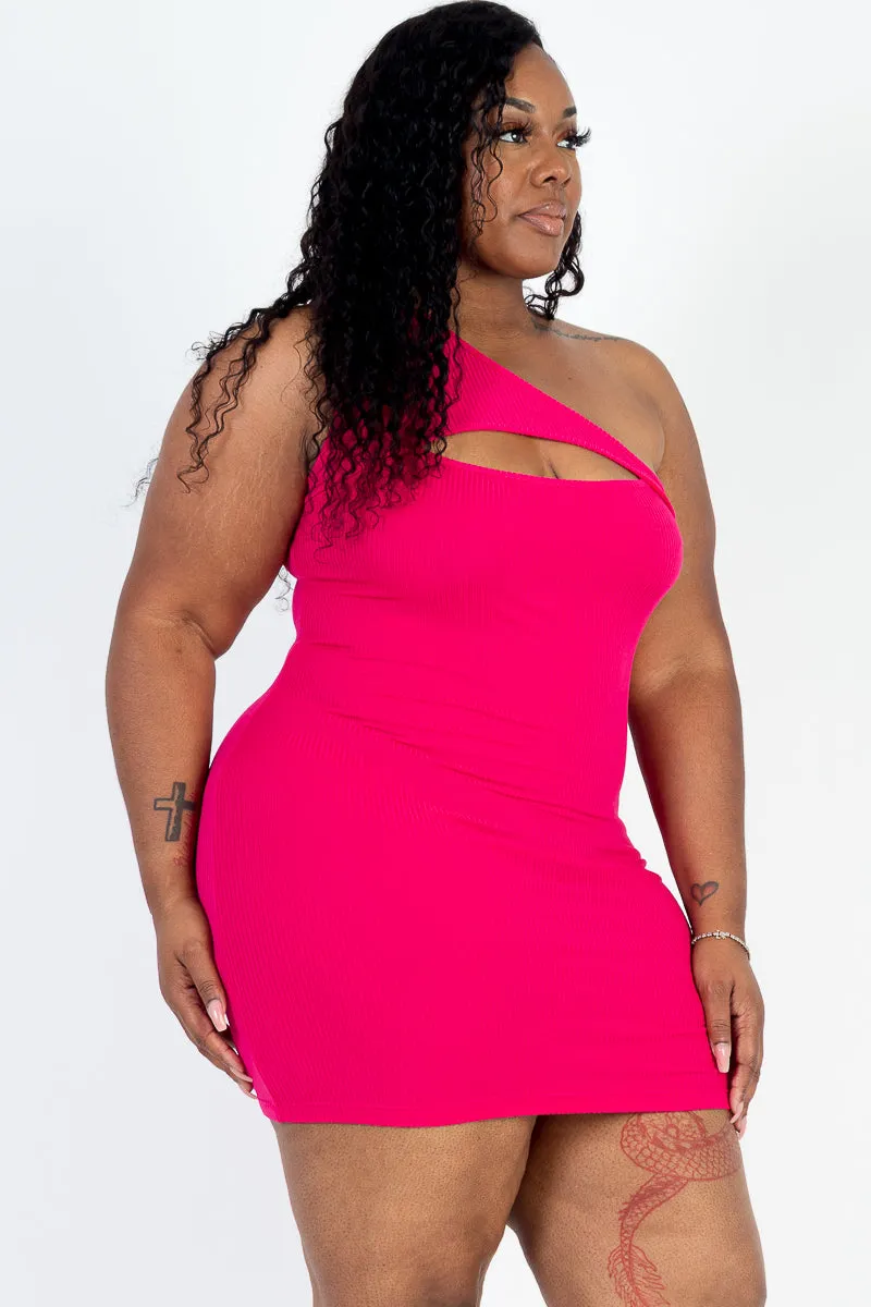 Plus Size Ribbed One Shoulder Cutout Front Casual Mini Bodycon Dress (CAPELLA)