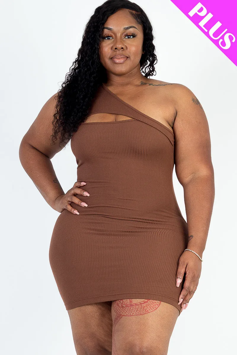 Plus Size Ribbed One Shoulder Cutout Front Casual Mini Bodycon Dress (CAPELLA)