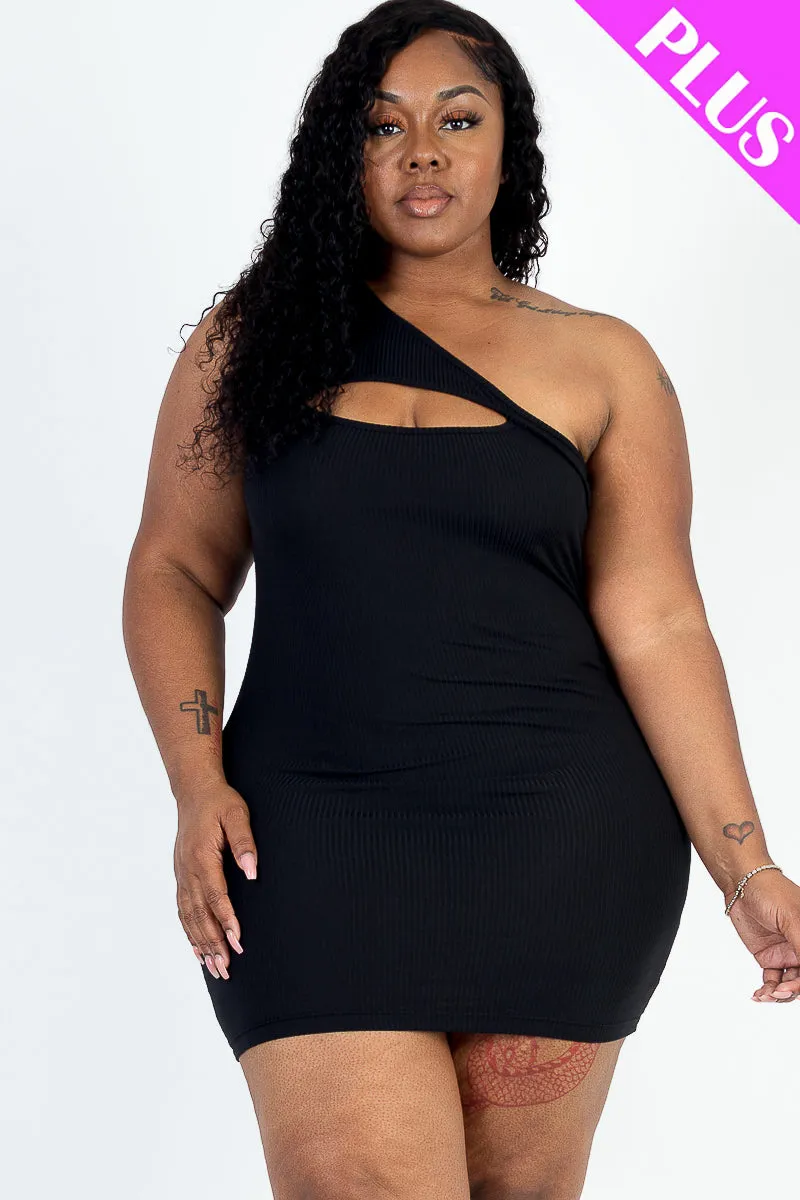 Plus Size Ribbed One Shoulder Cutout Front Casual Mini Bodycon Dress (CAPELLA)