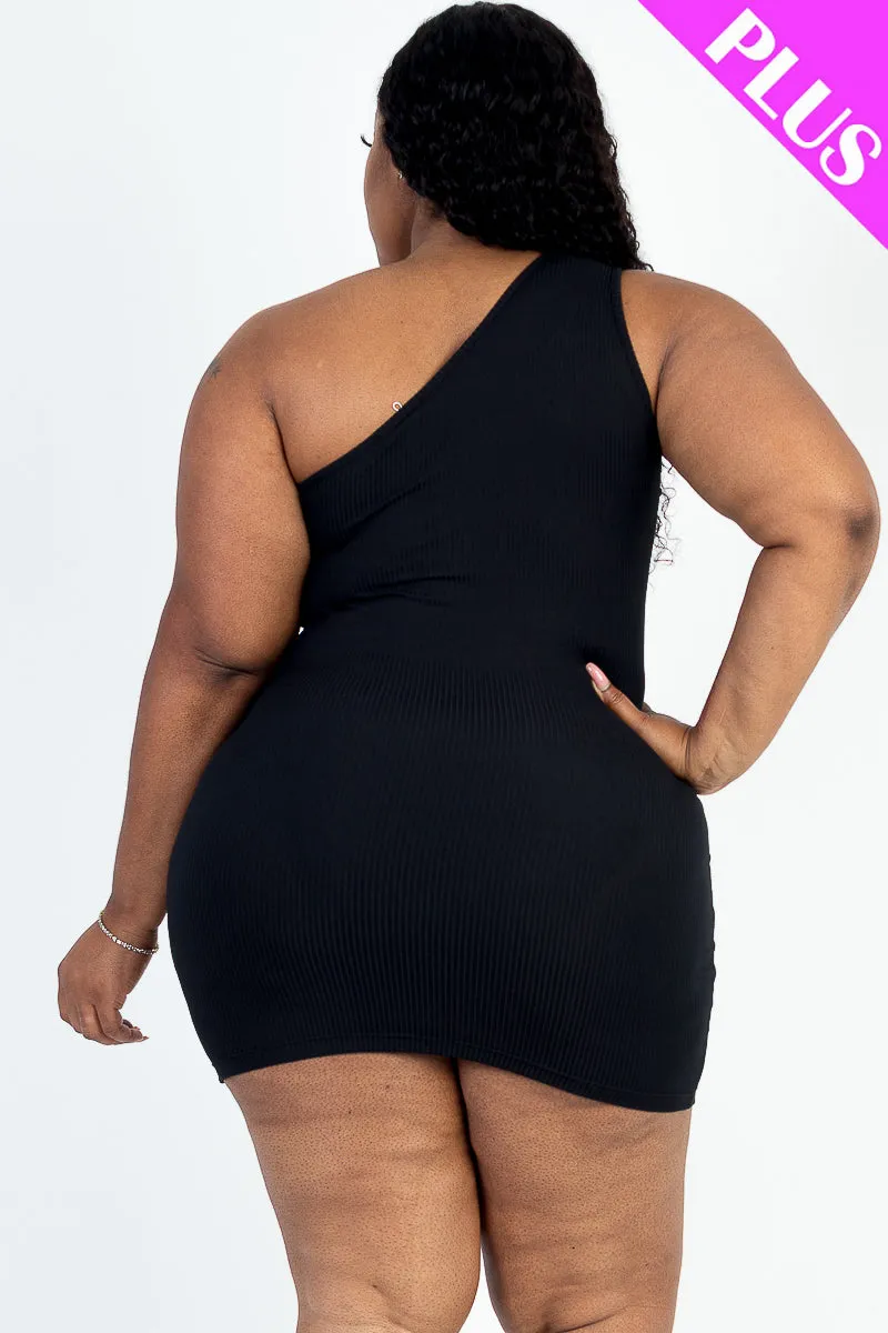Plus Size Ribbed One Shoulder Cutout Front Casual Mini Bodycon Dress (CAPELLA)