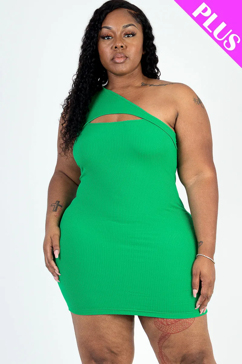 Plus Size Ribbed One Shoulder Cutout Front Casual Mini Bodycon Dress (CAPELLA)