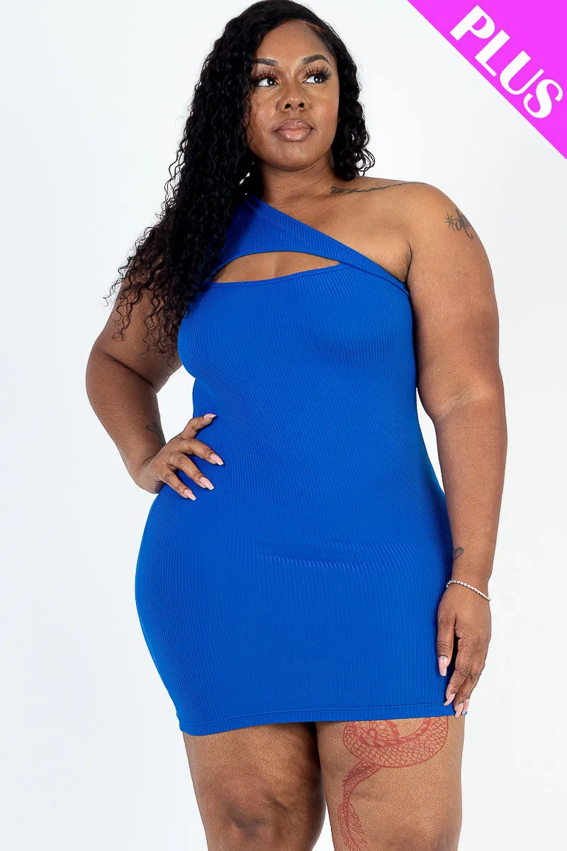 Plus Size Ribbed One Shoulder Cutout Front Casual Mini Bodycon Dress (CAPELLA)
