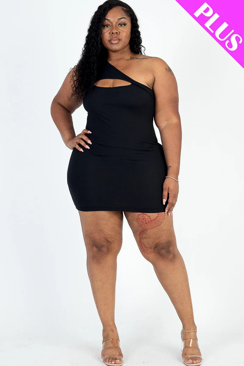 Plus Size Ribbed One Shoulder Cutout Front Casual Mini Bodycon Dress (CAPELLA)