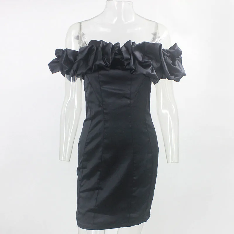 Purpdrank - White Elegant Vintage Party Dress Women Autumn Ruffle Puff Sleeve Bodycon Dress Slash Neck Slim Dress Vestido