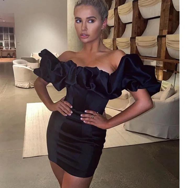 Purpdrank - White Elegant Vintage Party Dress Women Autumn Ruffle Puff Sleeve Bodycon Dress Slash Neck Slim Dress Vestido