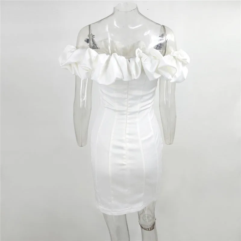 Purpdrank - White Elegant Vintage Party Dress Women Autumn Ruffle Puff Sleeve Bodycon Dress Slash Neck Slim Dress Vestido