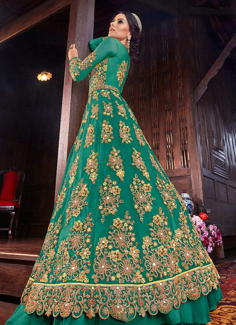 Rama Green Floral Anarkali Style Lehenga/Pant Suit