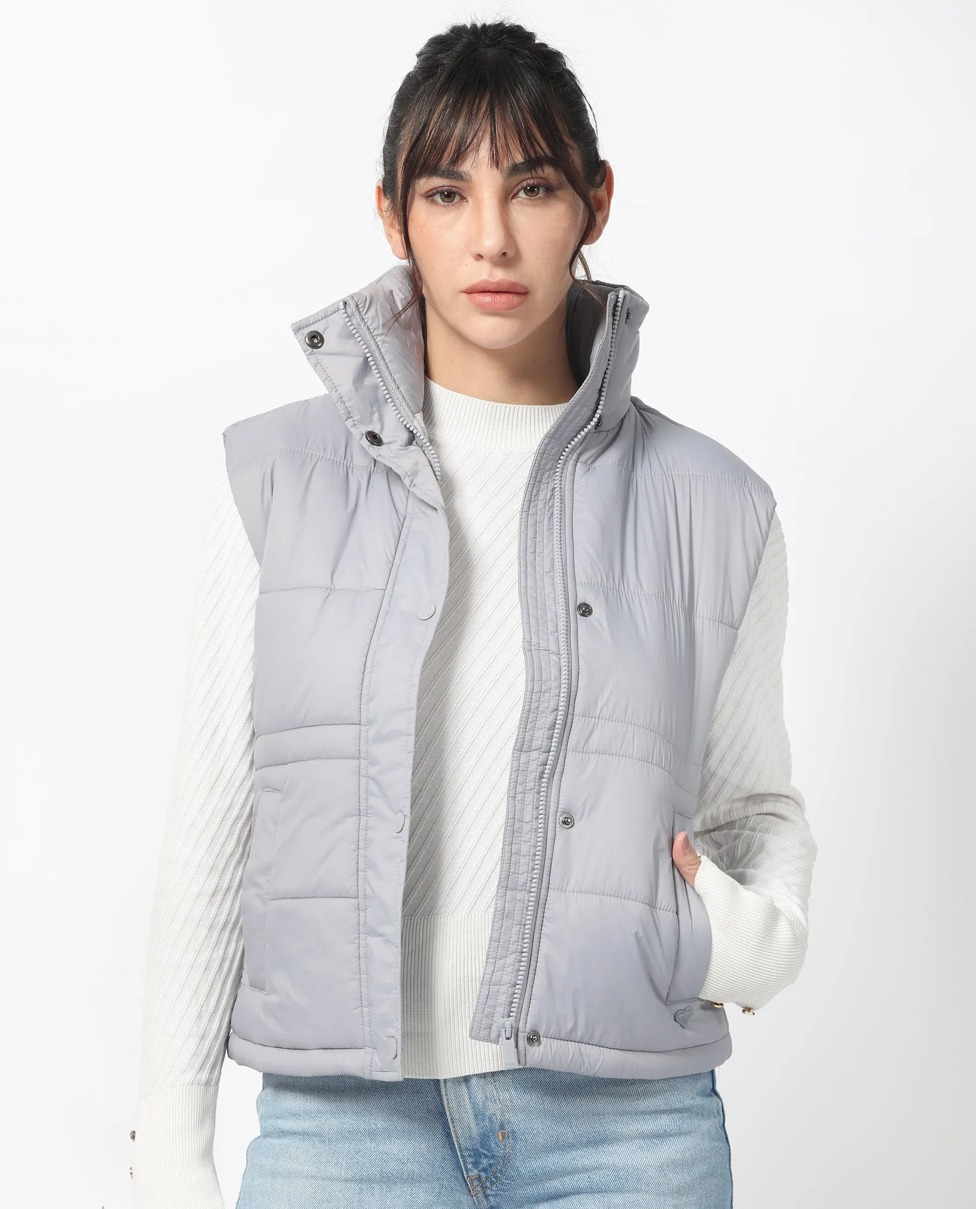 Rareism Women Ziazan Light Purple Polyester Fabric Sleeveless Solid High Neck Jacket
