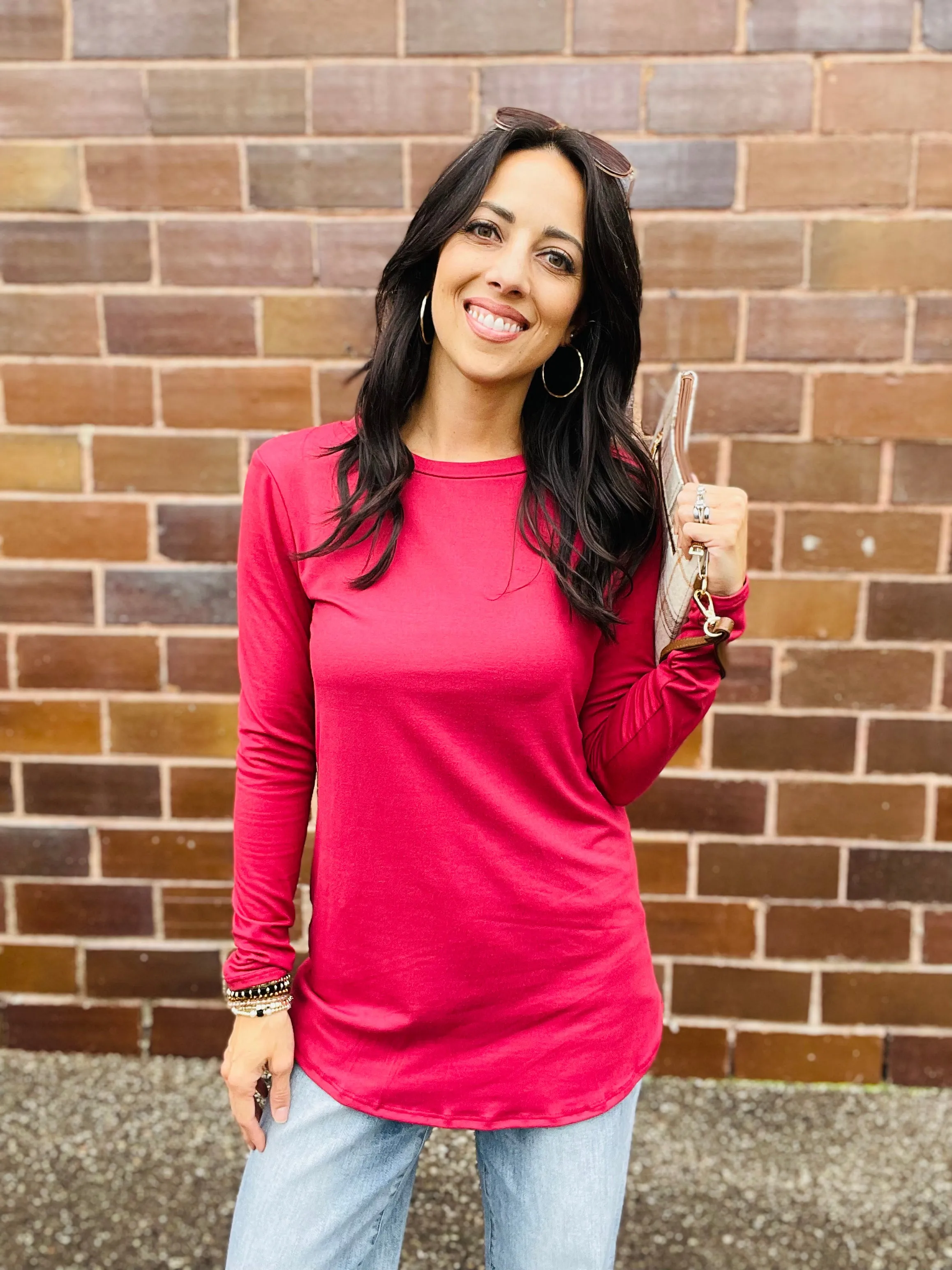 Rounded Bottom Solid Basic Long Sleeve Top - Assorted Colors