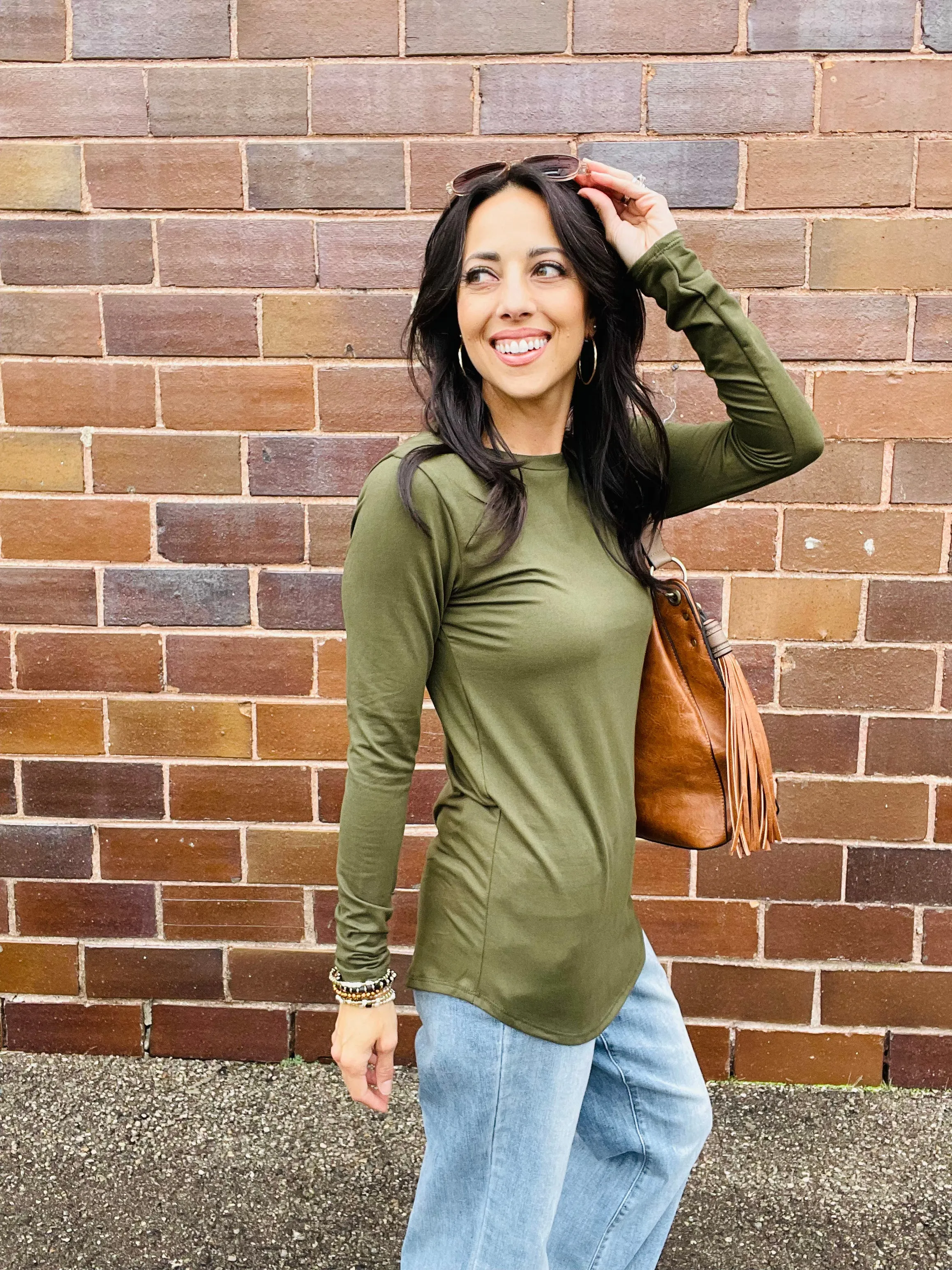 Rounded Bottom Solid Basic Long Sleeve Top - Assorted Colors