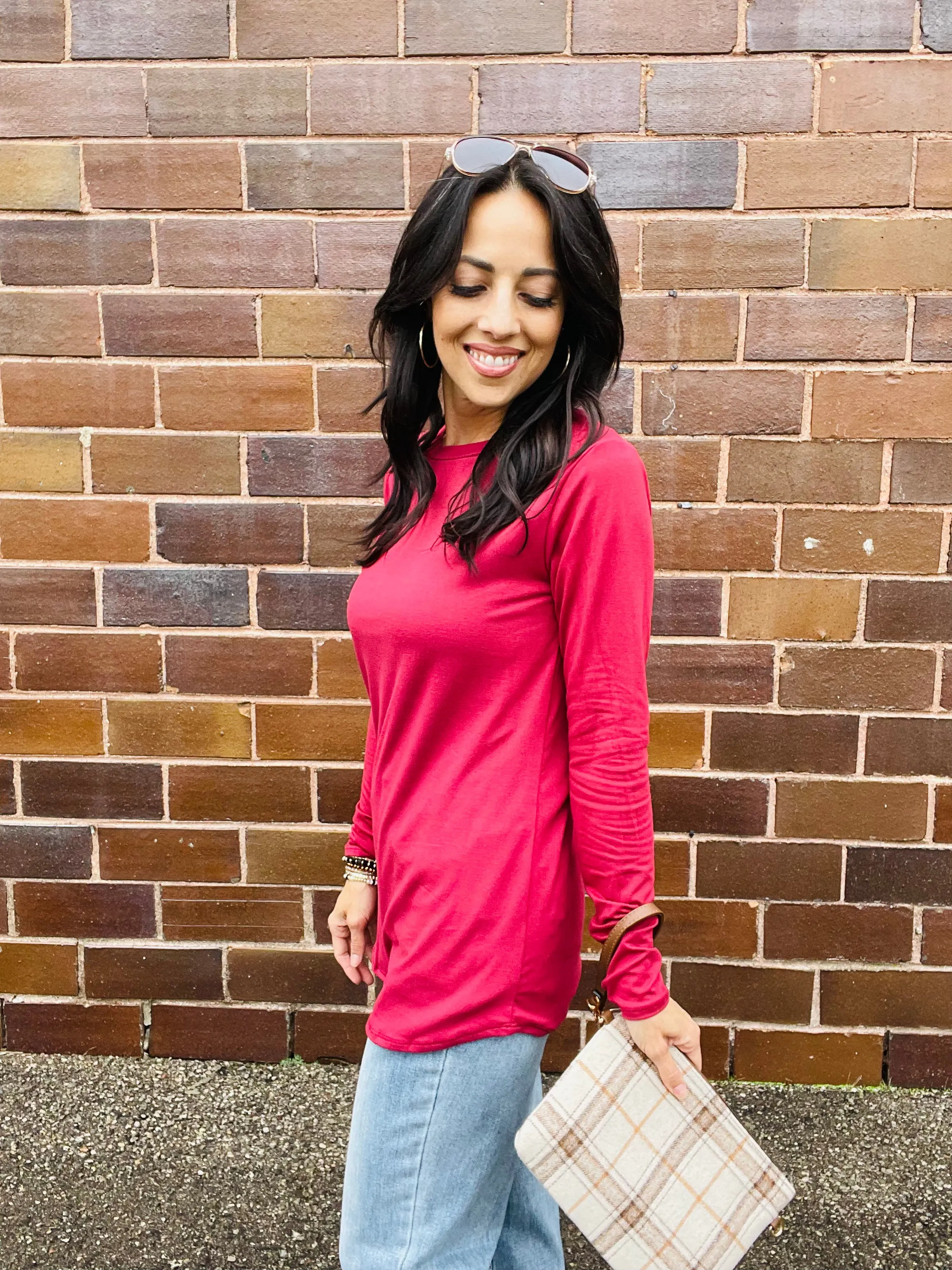 Rounded Bottom Solid Basic Long Sleeve Top - Assorted Colors