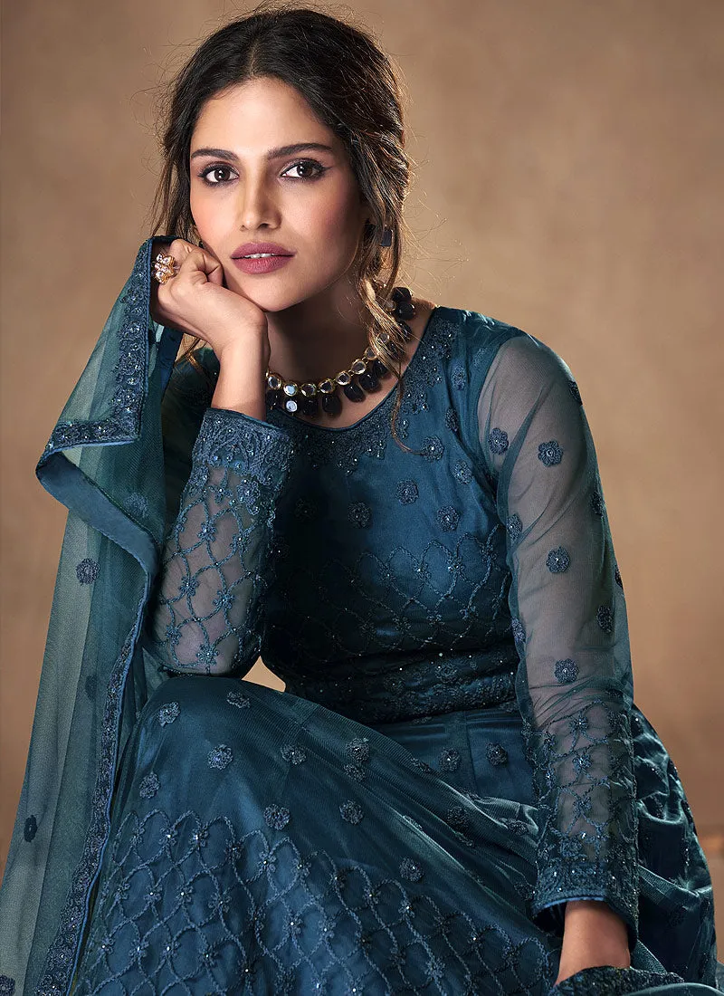 Royal Blue Embroidered Flared Anarkali Suit