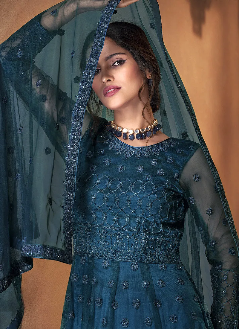 Royal Blue Embroidered Flared Anarkali Suit