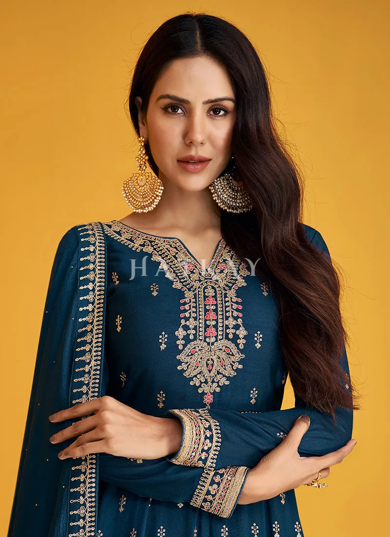 Royal Blue Embroidered Silk Traditional Anarkali Suit