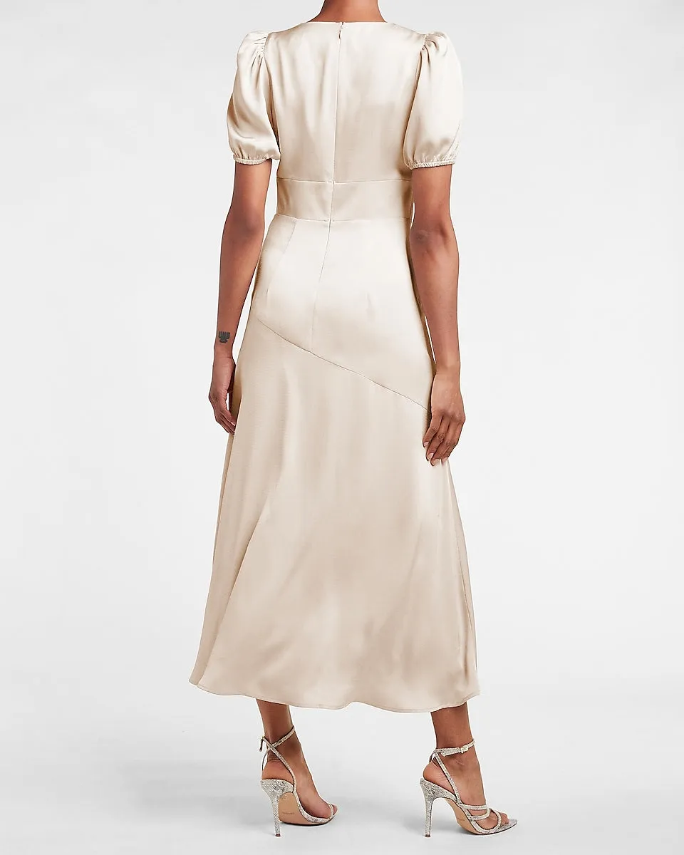 Satin Puff Sleeve V-Neck Maxi Dress in Sorbet