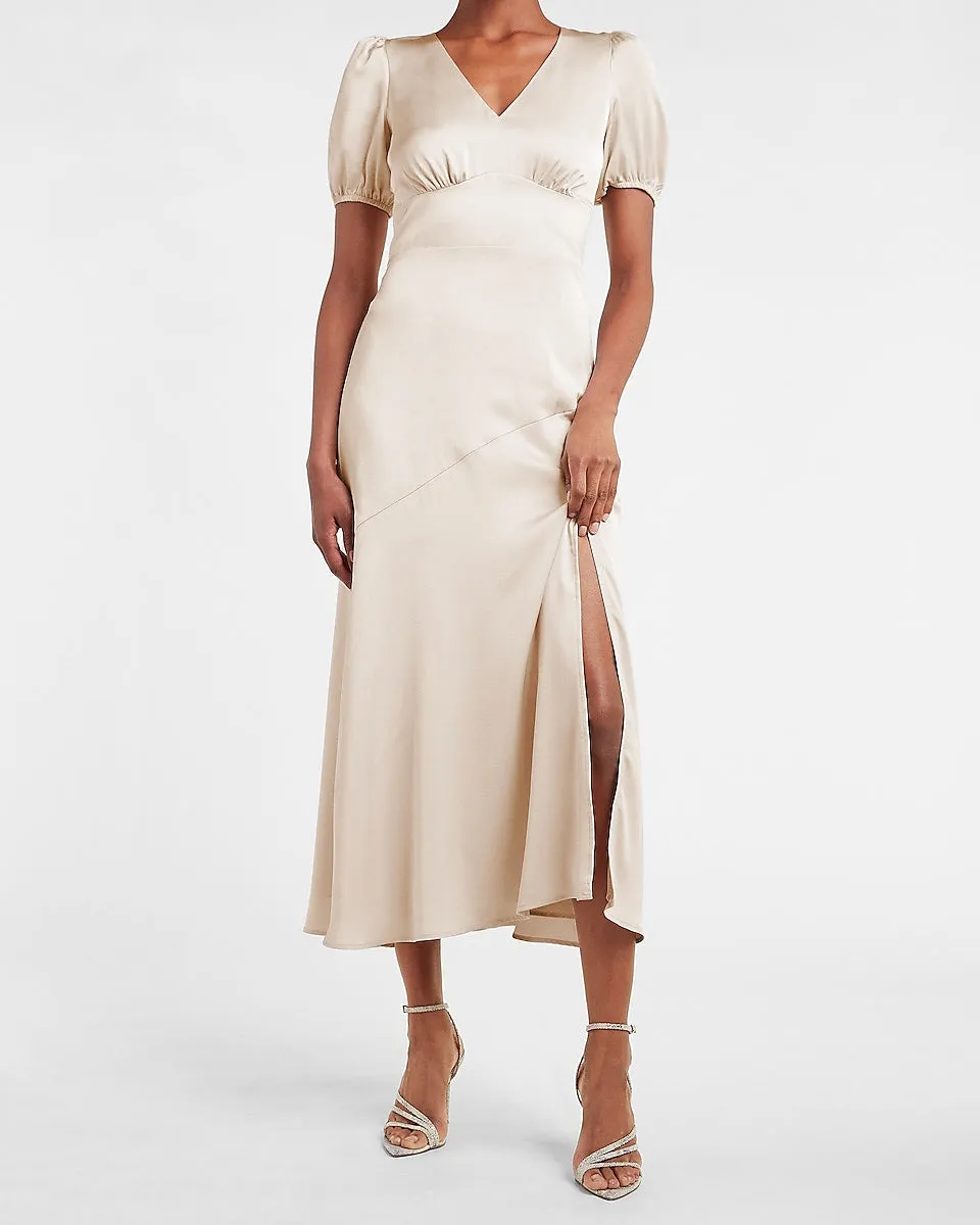 Satin Puff Sleeve V-Neck Maxi Dress in Sorbet