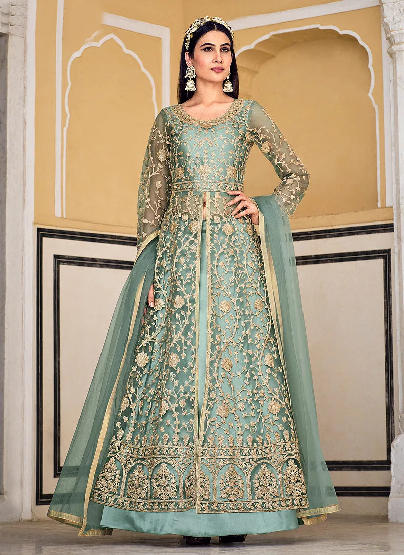 Sea Green Embroidered Designer Anarkali Lehenga/Pant Suit