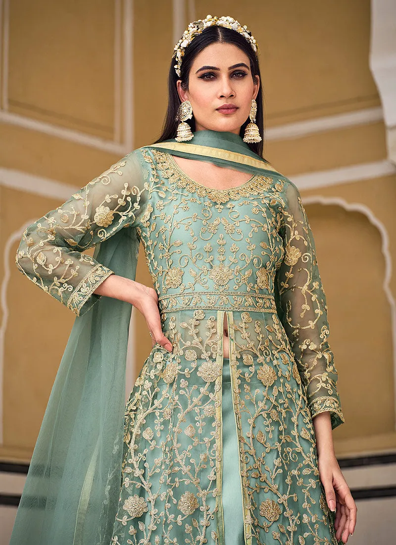 Sea Green Embroidered Designer Anarkali Lehenga/Pant Suit