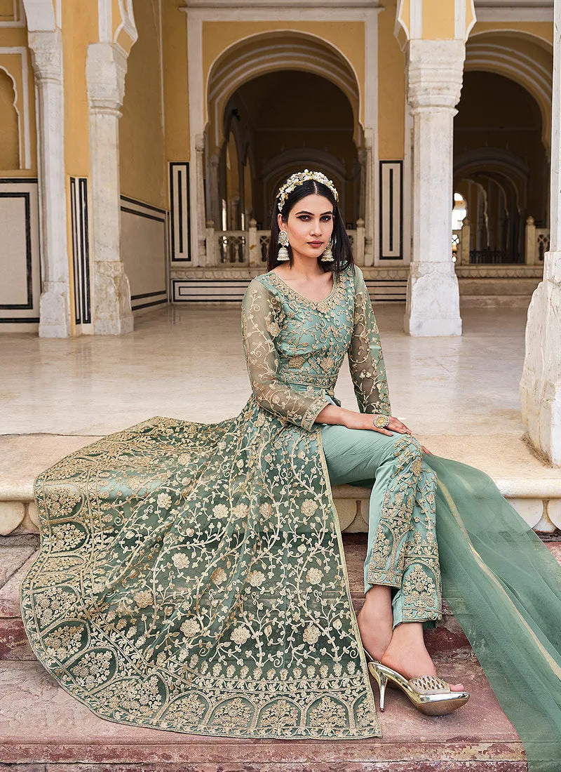 Sea Green Embroidered Designer Anarkali Lehenga/Pant Suit