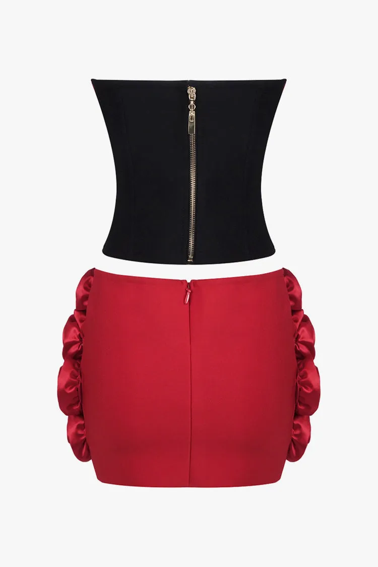 Silky Satin Rosette Applique Tube Top Low Rise Skirt Two Piece Mini Dress