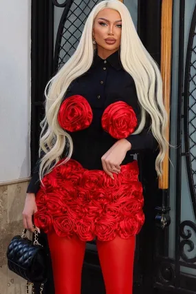 Silky Satin Rosette Applique Tube Top Low Rise Skirt Two Piece Mini Dress