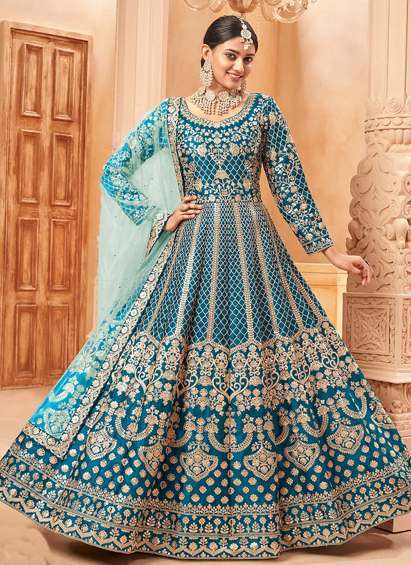 Sky Blue Embroidered Silk Anarkali Suit