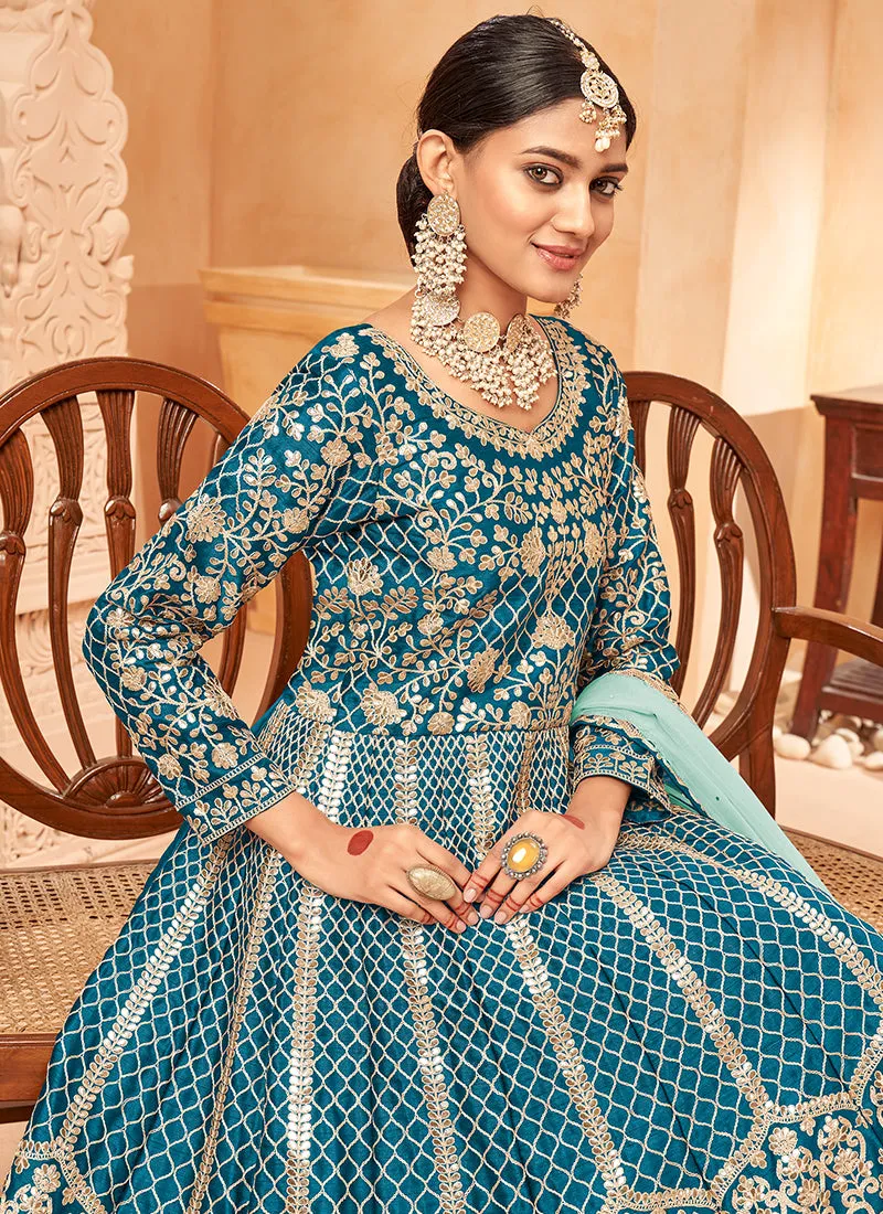 Sky Blue Embroidered Silk Anarkali Suit
