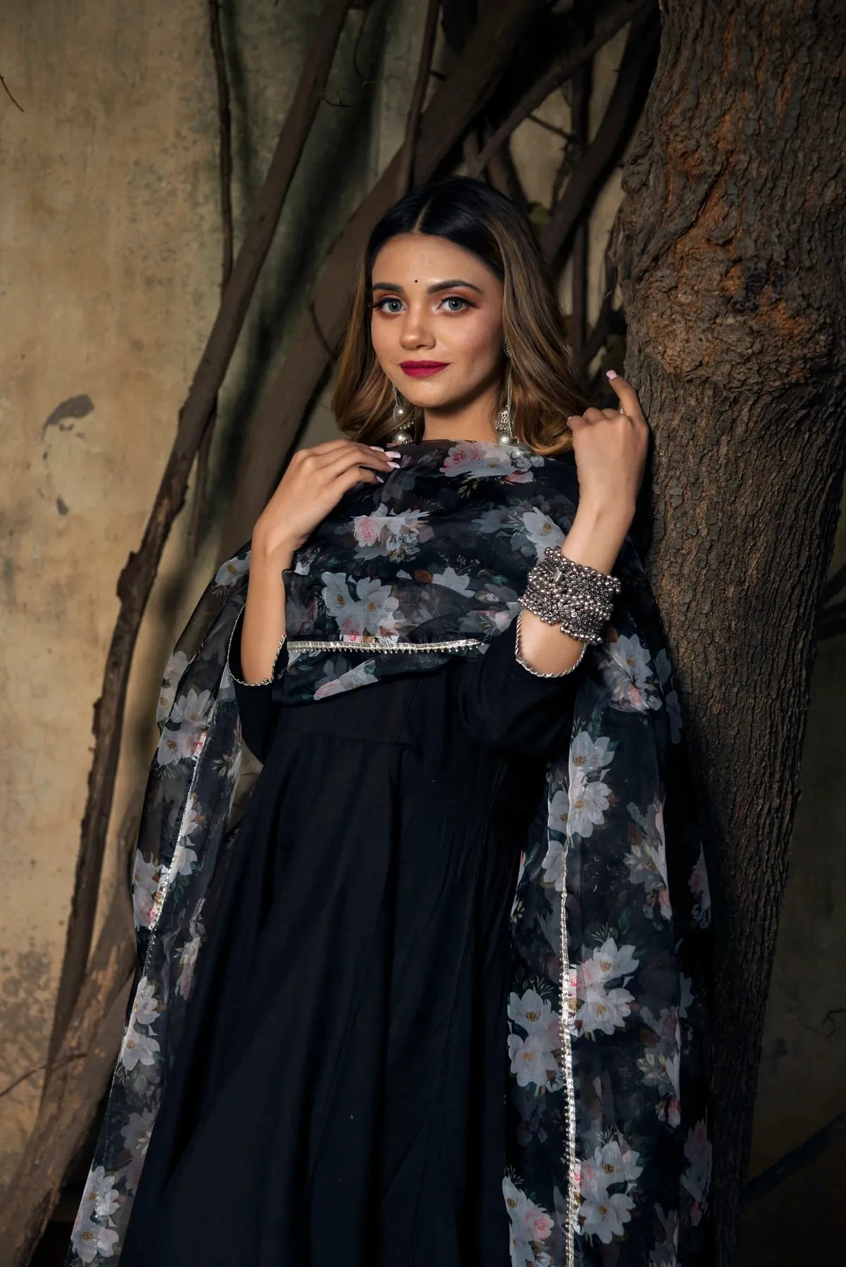 Solid Rayon Black Anarkali Suit Set with Printed Dupatta
