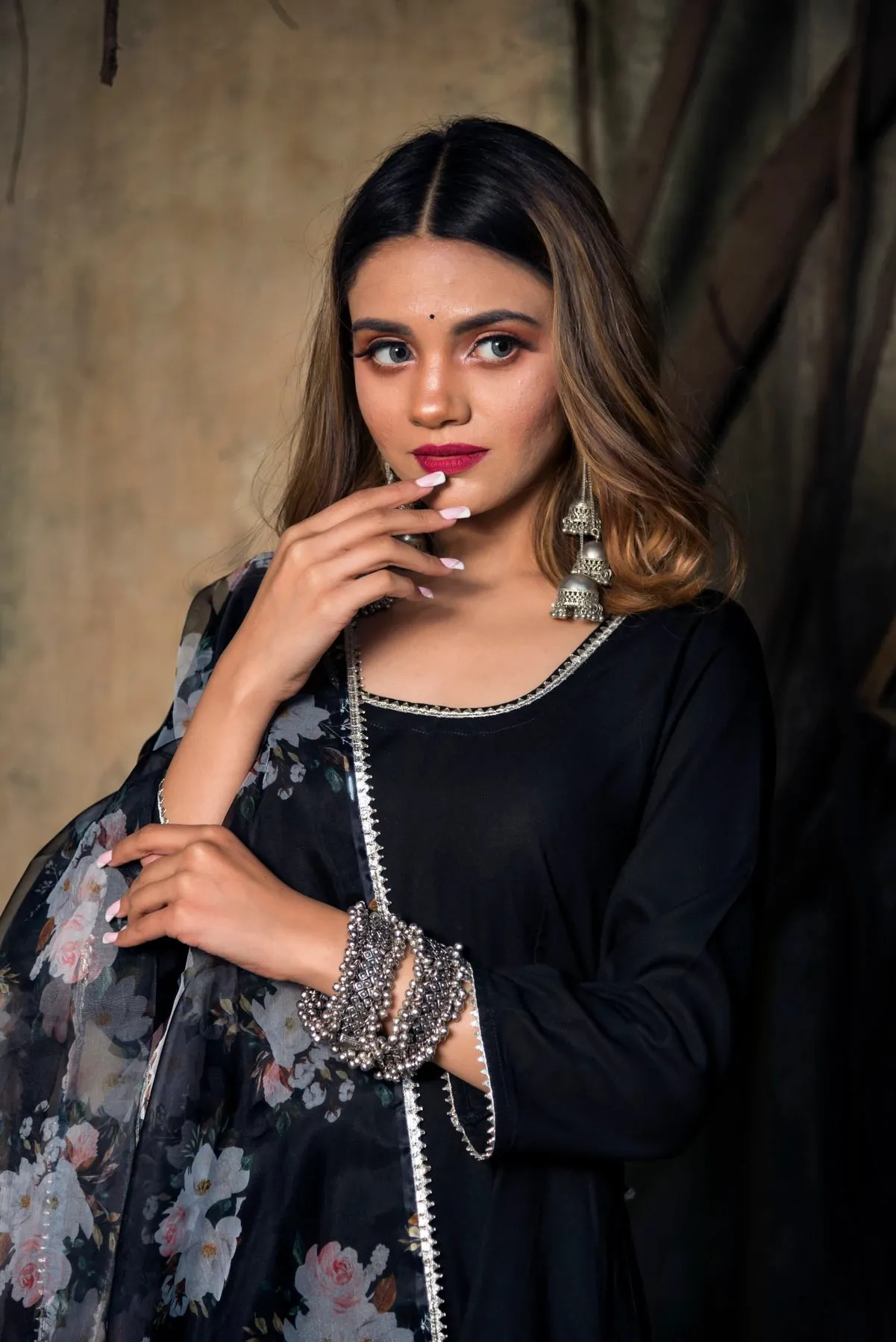 Solid Rayon Black Anarkali Suit Set with Printed Dupatta