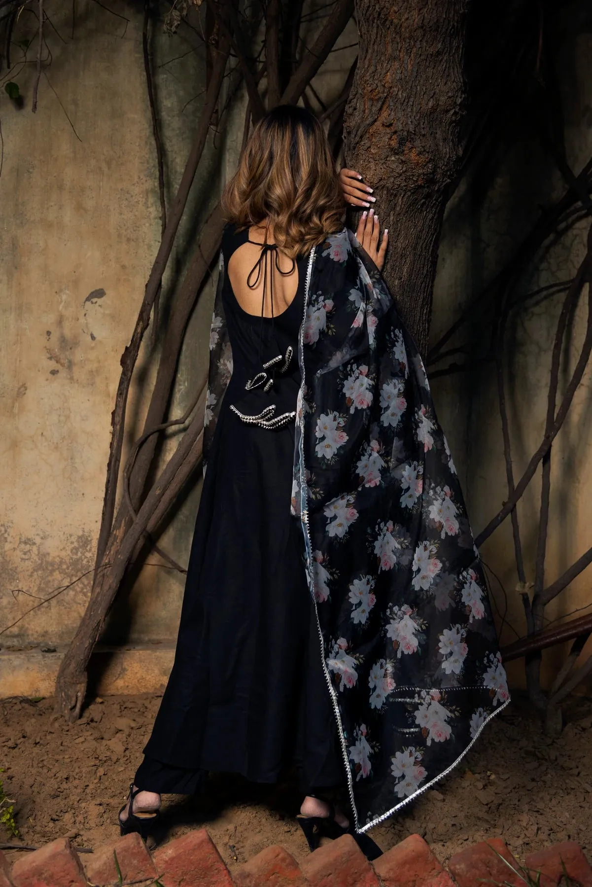 Solid Rayon Black Anarkali Suit Set with Printed Dupatta
