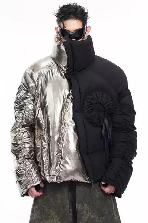 Spliced Ruched Sleeve Puffer Jacket