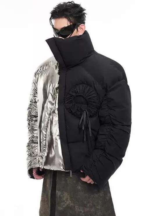 Spliced Ruched Sleeve Puffer Jacket