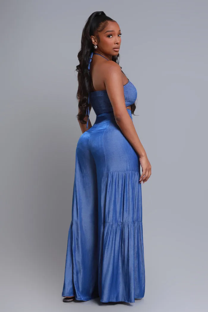 Surrender Cropped Wide Leg Pants Set - Blue