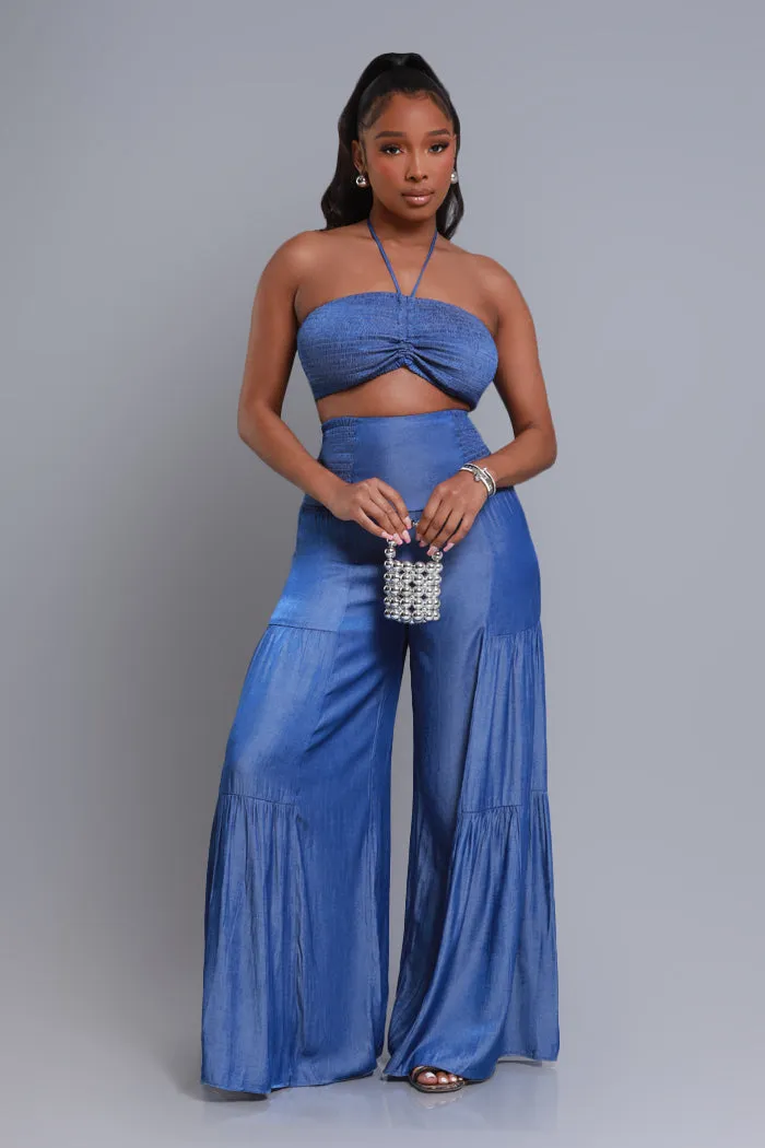 Surrender Cropped Wide Leg Pants Set - Blue