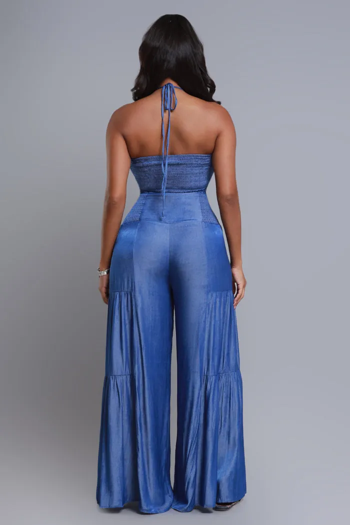 Surrender Cropped Wide Leg Pants Set - Blue