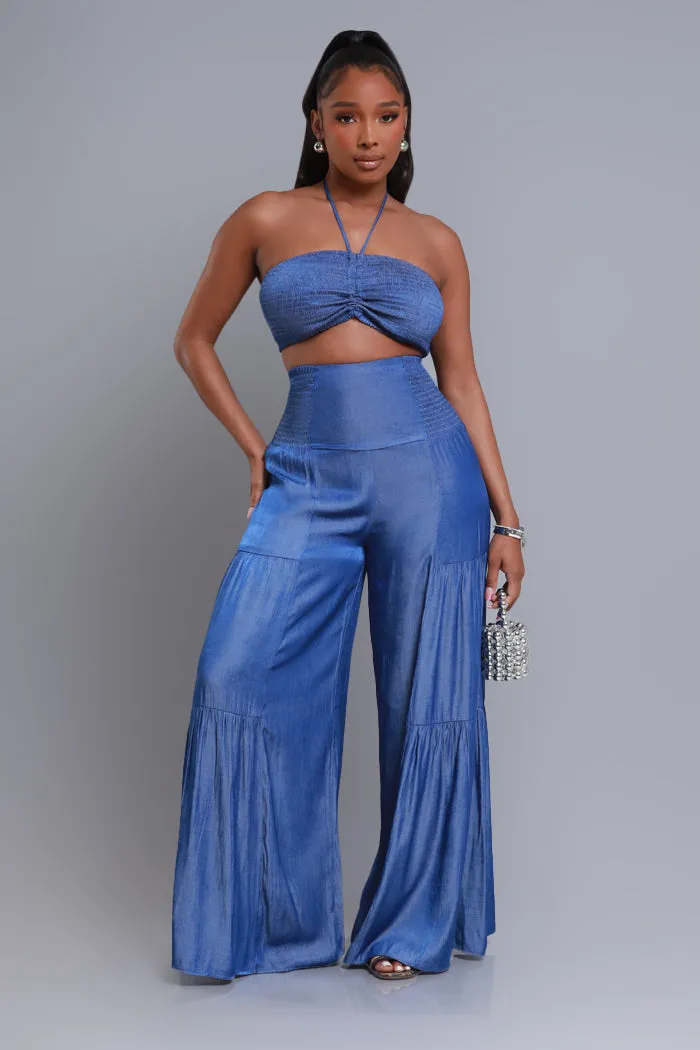 Surrender Cropped Wide Leg Pants Set - Blue