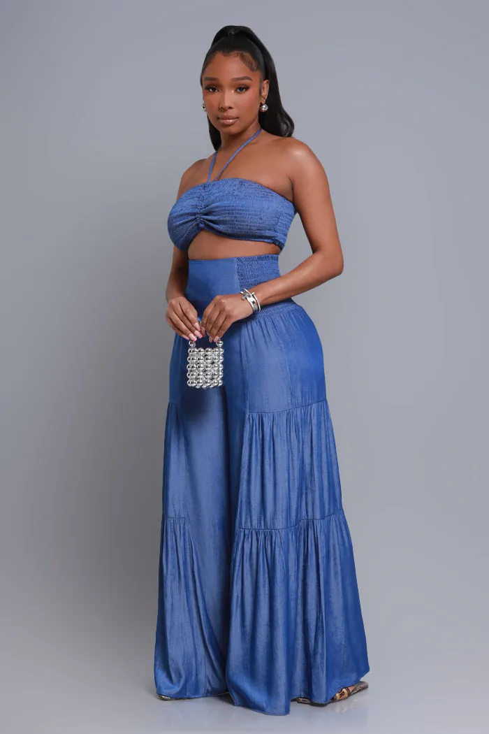 Surrender Cropped Wide Leg Pants Set - Blue