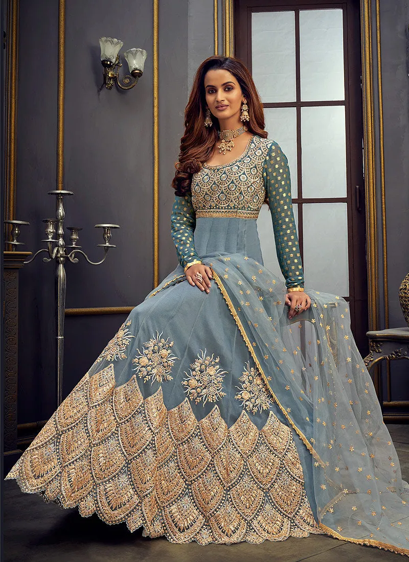 Teal Blue Golden Embroidered Anarkali Suit
