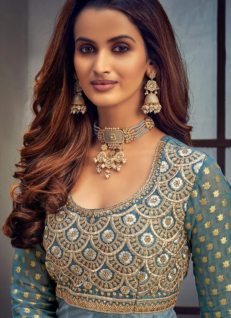 Teal Blue Golden Embroidered Anarkali Suit