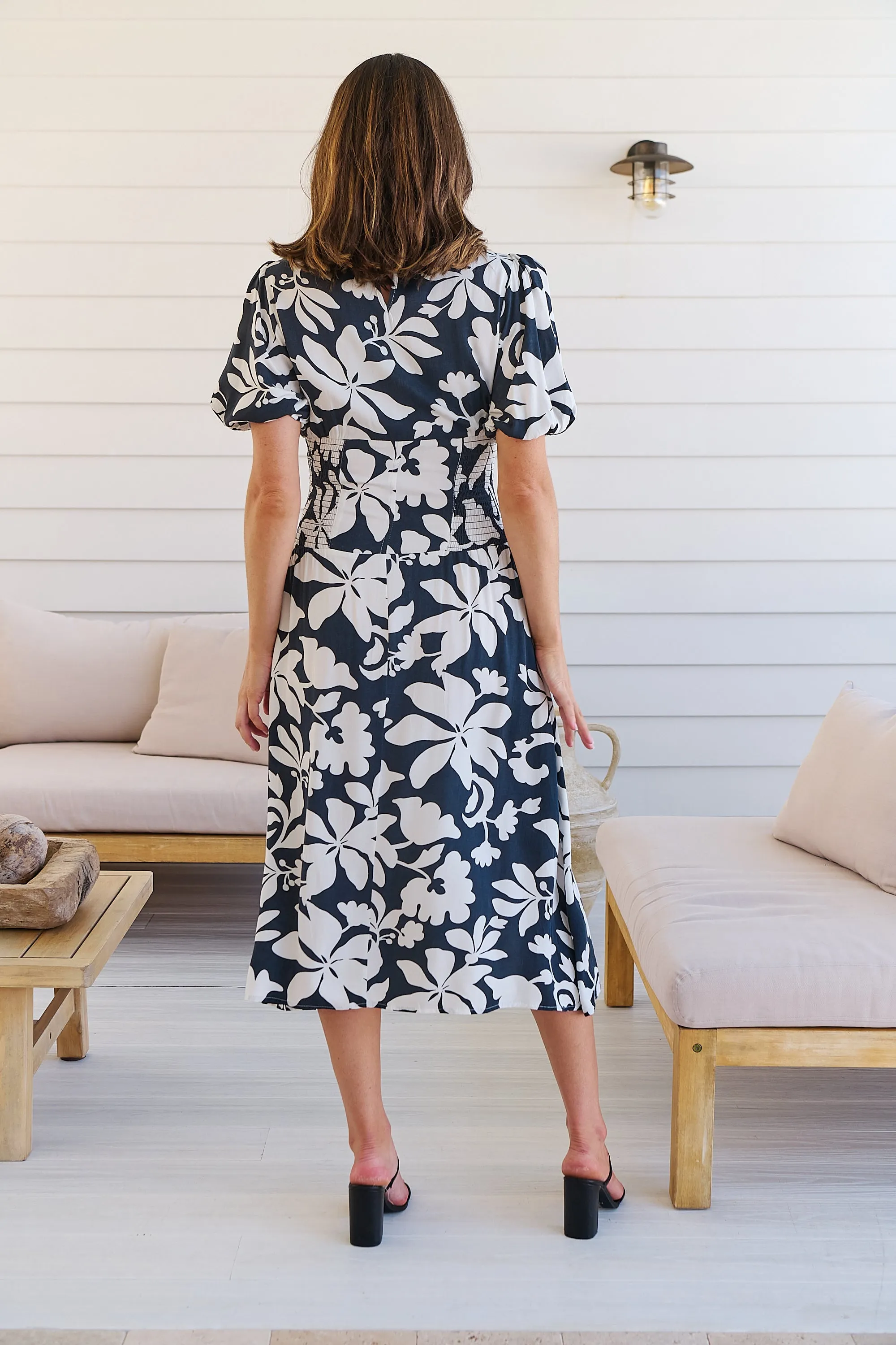 TeeTee Shirred Waist Bold Navy Floral Dress