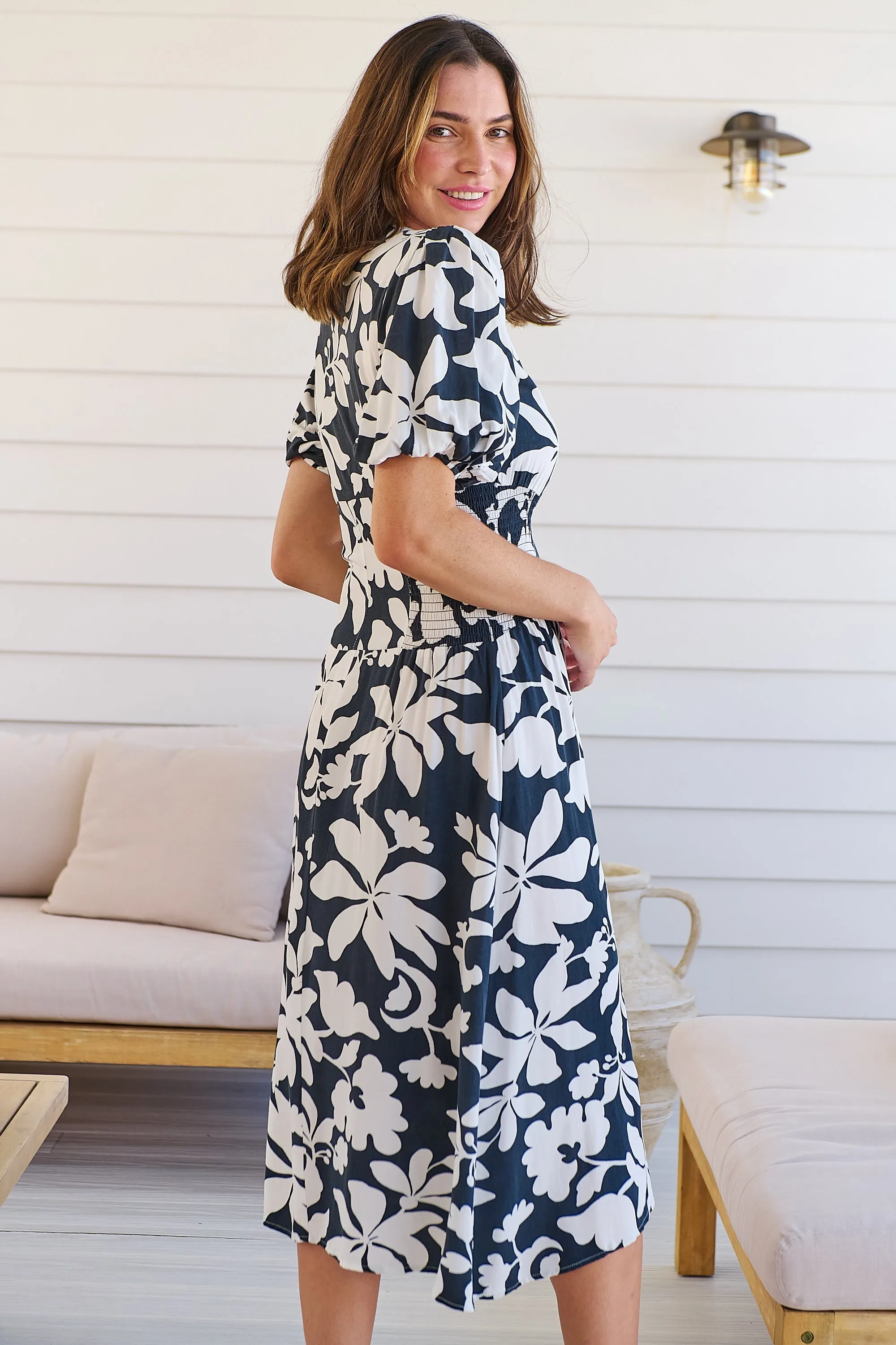 TeeTee Shirred Waist Bold Navy Floral Dress