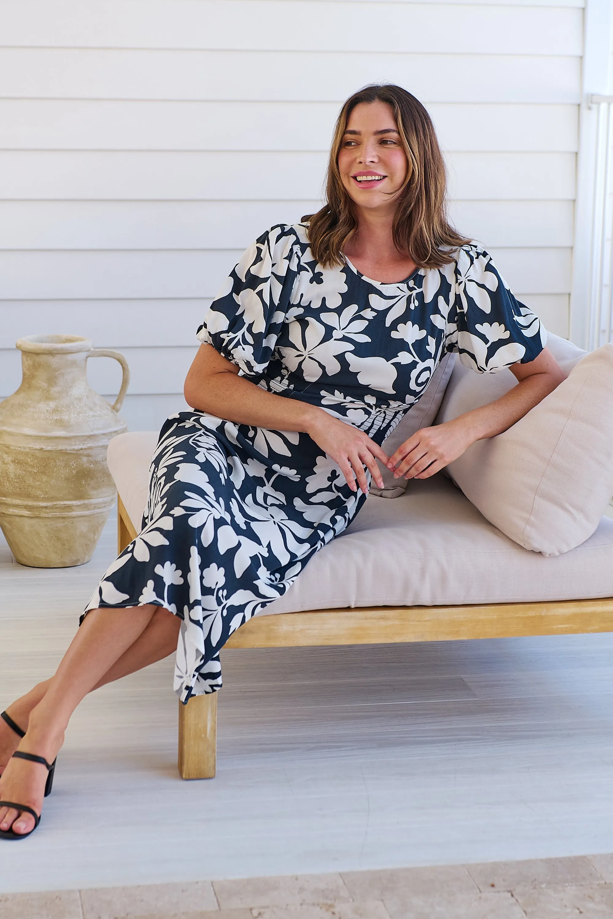 TeeTee Shirred Waist Bold Navy Floral Dress