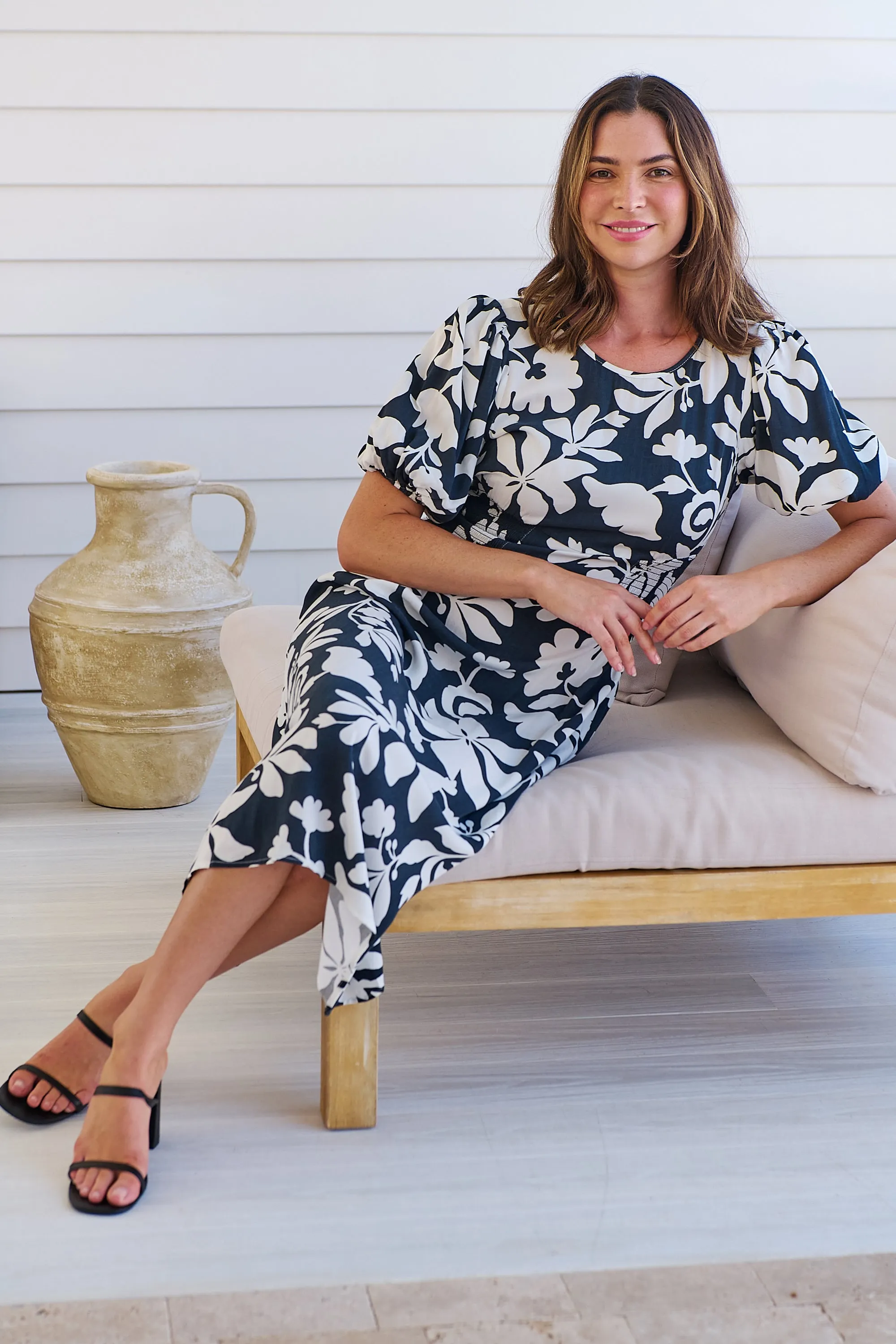 TeeTee Shirred Waist Bold Navy Floral Dress